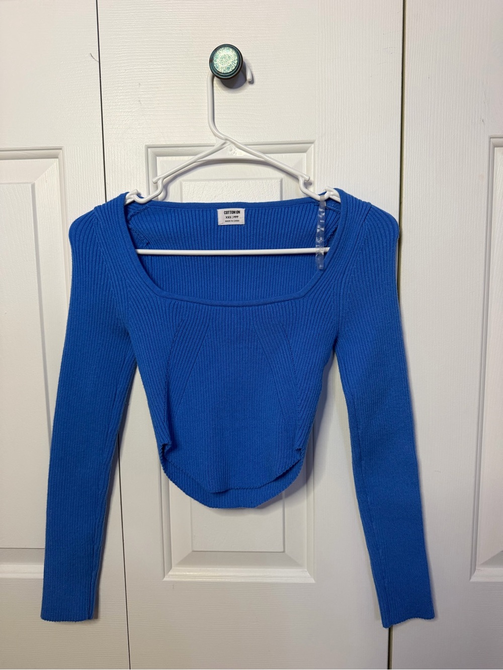 Cotton On Ribbed Cropped Long Sleeve Top - Bright Blue